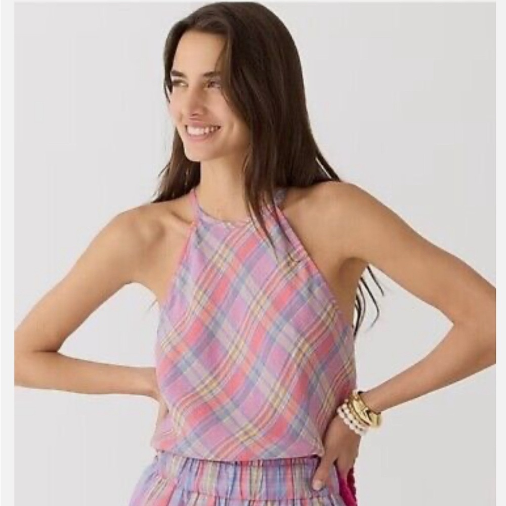 J. Crew Pink Plaid Halter Tank Top